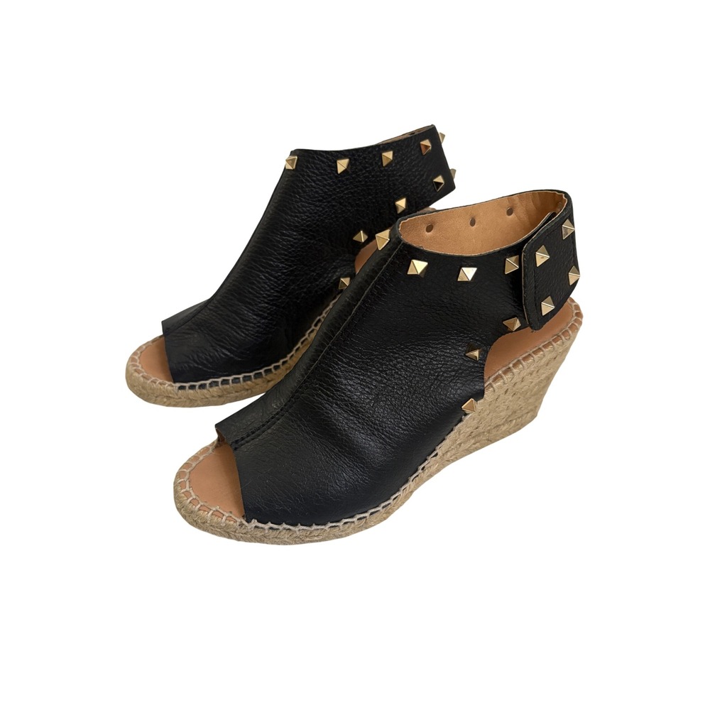 Raye Black Leather Studded Espadrille Wedge Sandals Gold Pyramid Studs Spain 39